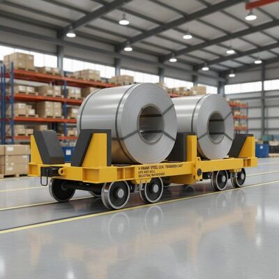 Carrito de transferencia de bobinas de acero de marco V de 10 toneladas con sistema anti-rollo para almacenes industriales