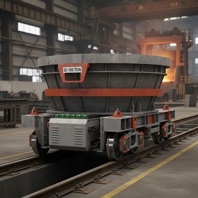 High Temperature Resistant Ladle Transfer Cart with 20-150 Ton Load Capacity and Battery Powered Rail Guided System